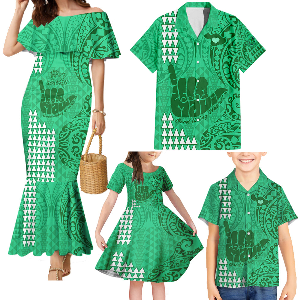 Strong Maui Family Mermaid Dress and Hawaiian Shirt Good Living Hawaii with Shaka Sign Kakau Tribal Green LT9 Green - Polynesian Pride