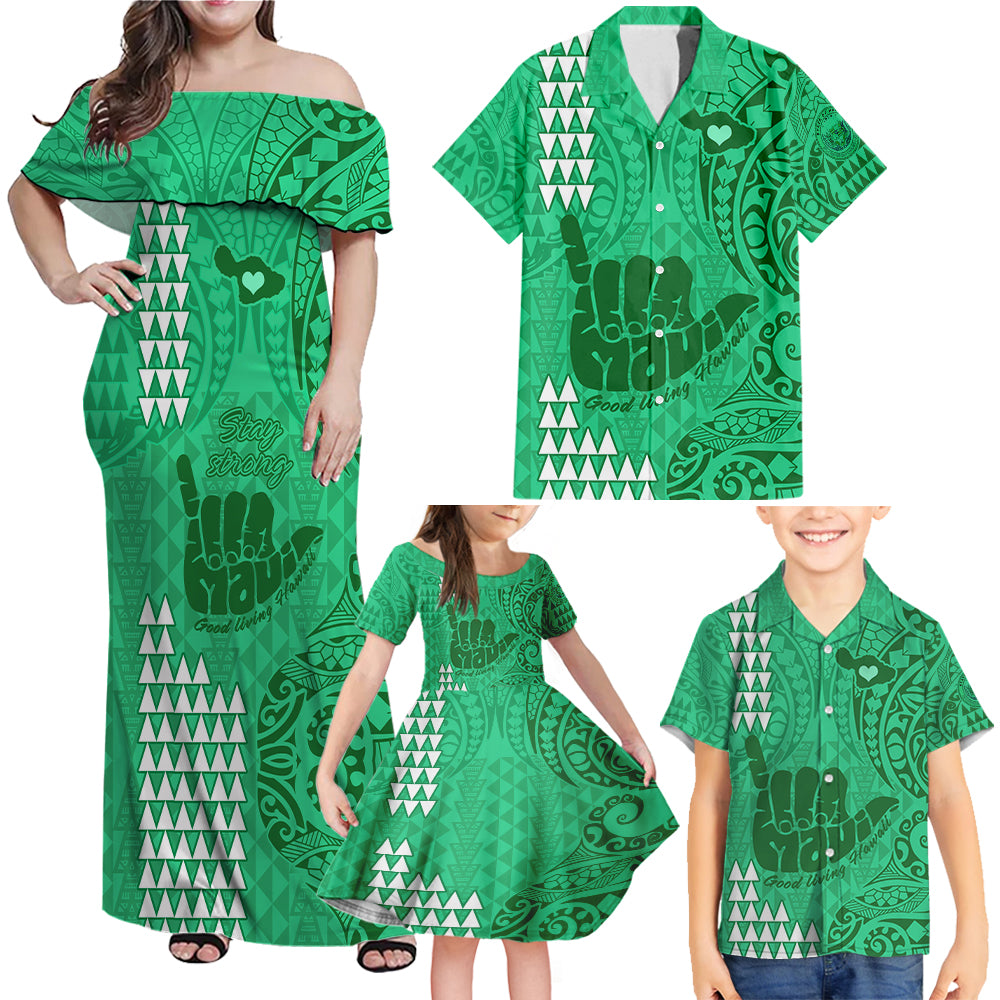 Strong Maui Family Off Shoulder Maxi Dress and Hawaiian Shirt Good Living Hawaii with Shaka Sign Kakau Tribal Green LT9 Green - Polynesian Pride