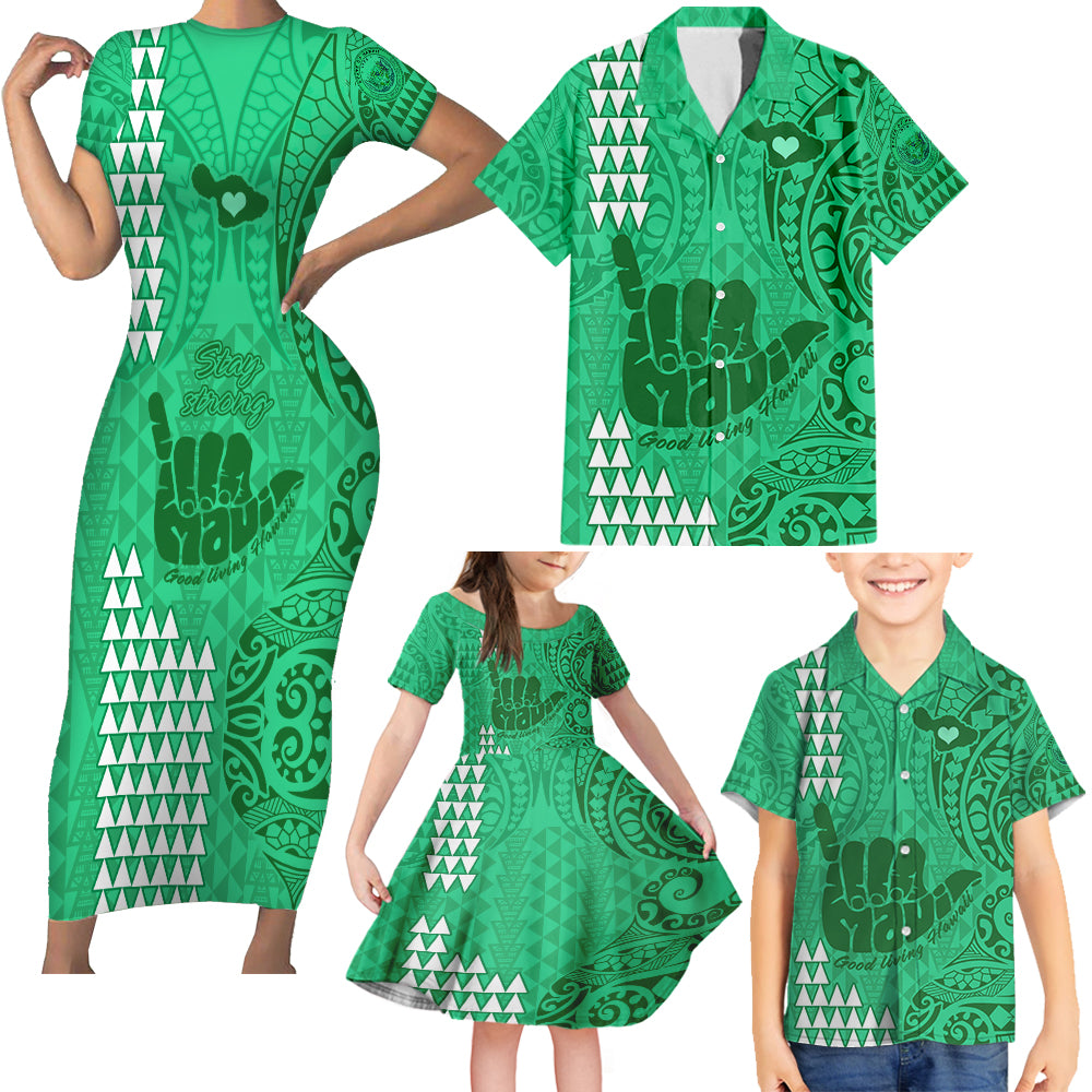 Strong Maui Family Short Sleeve Bodycon Dress and Hawaiian Shirt Good Living Hawaii with Shaka Sign Kakau Tribal Green LT9 Green - Polynesian Pride