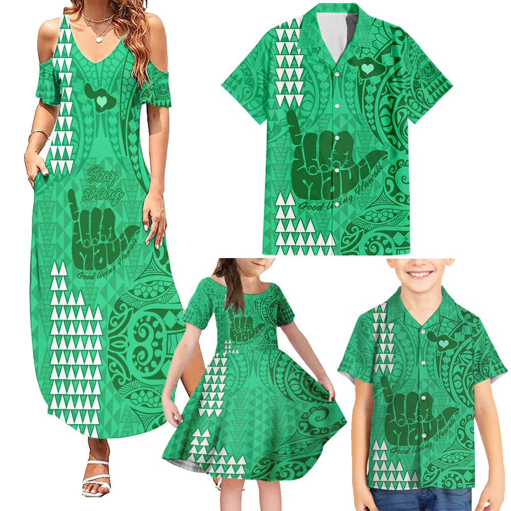 Strong Maui Family Summer Maxi Dress and Hawaiian Shirt Good Living Hawaii with Shaka Sign Kakau Tribal Green LT9 Green - Polynesian Pride