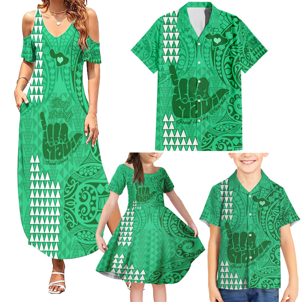 Strong Maui Family Matching Summer Maxi Dress and Hawaiian Shirt Good Living Hawaii with Shaka Sign Kakau Tribal Green LT9 Green - Polynesian Pride