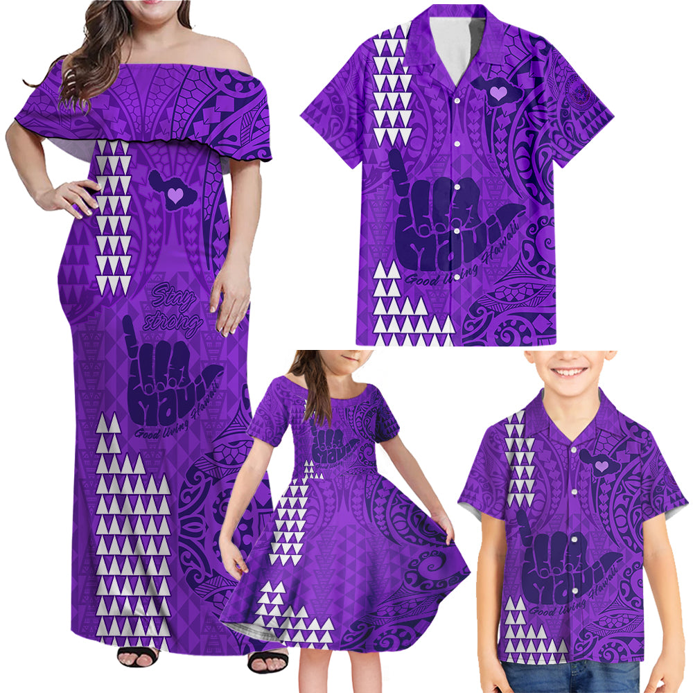 Strong Maui Family Off Shoulder Maxi Dress and Hawaiian Shirt Good Living Hawaii with Shaka Sign Kakau Tribal Purple LT9 Purple - Polynesian Pride