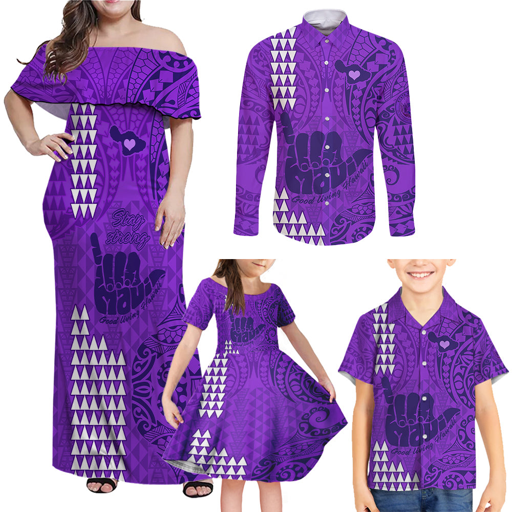 Strong Maui Family Matching Off Shoulder Maxi Dress and Hawaiian Shirt Good Living Hawaii with Shaka Sign Kakau Tribal Purple LT9 - Polynesian Pride