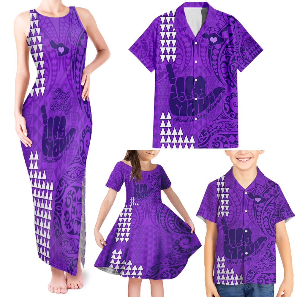 Strong Maui Family Tank Maxi Dress and Hawaiian Shirt Good Living Hawaii with Shaka Sign Kakau Tribal Purple LT9 Purple - Polynesian Pride