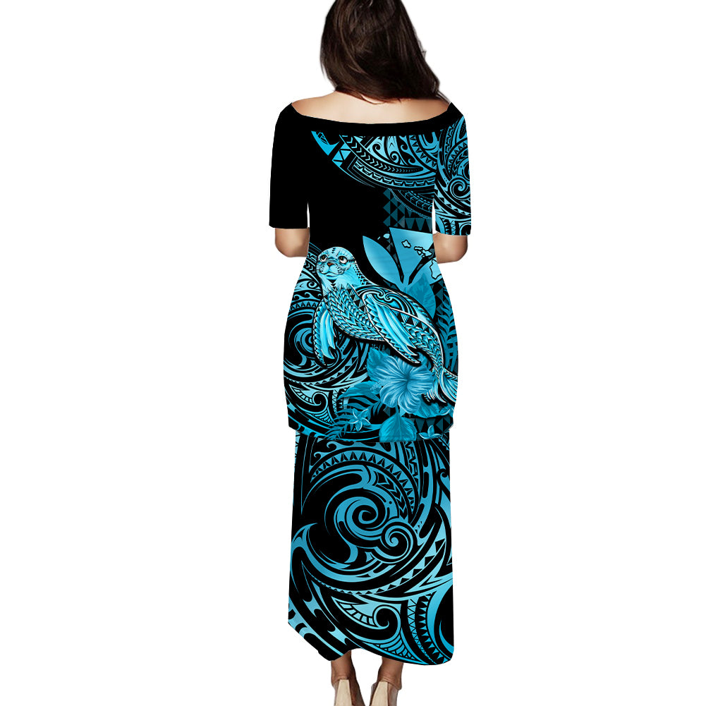 Matching Outfit For Couples Hawaii Monk Seal Puletasi Dress and Hawaiian Shirt Polynesian Kakau With Kanaka Turquoise LT14 - Polynesian Pride