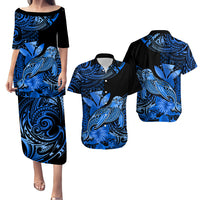 Matching Outfit For Couples Hawaii Monk Seal Puletasi Dress and Hawaiian Shirt Polynesian Kakau With Kanaka Blue LT14 Blue - Polynesian Pride
