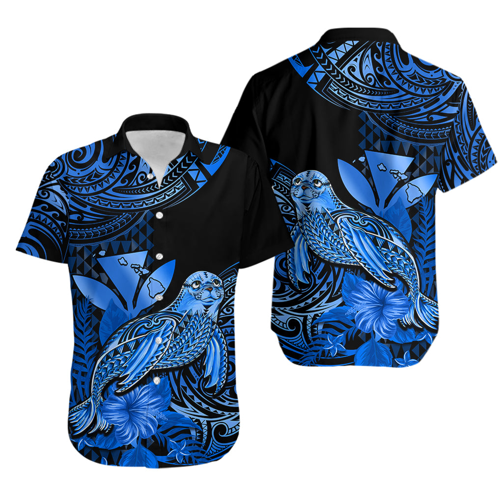 Matching Outfit For Couples Hawaii Monk Seal Puletasi Dress and Hawaiian Shirt Polynesian Kakau With Kanaka Blue LT14 - Polynesian Pride