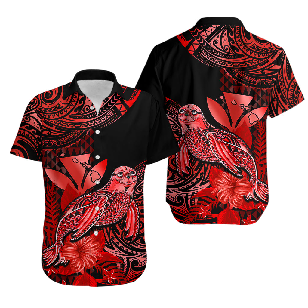 Matching Outfit For Couples Hawaii Monk Seal Puletasi Dress and Hawaiian Shirt Polynesian Kakau With Kanaka Red LT14 - Polynesian Pride