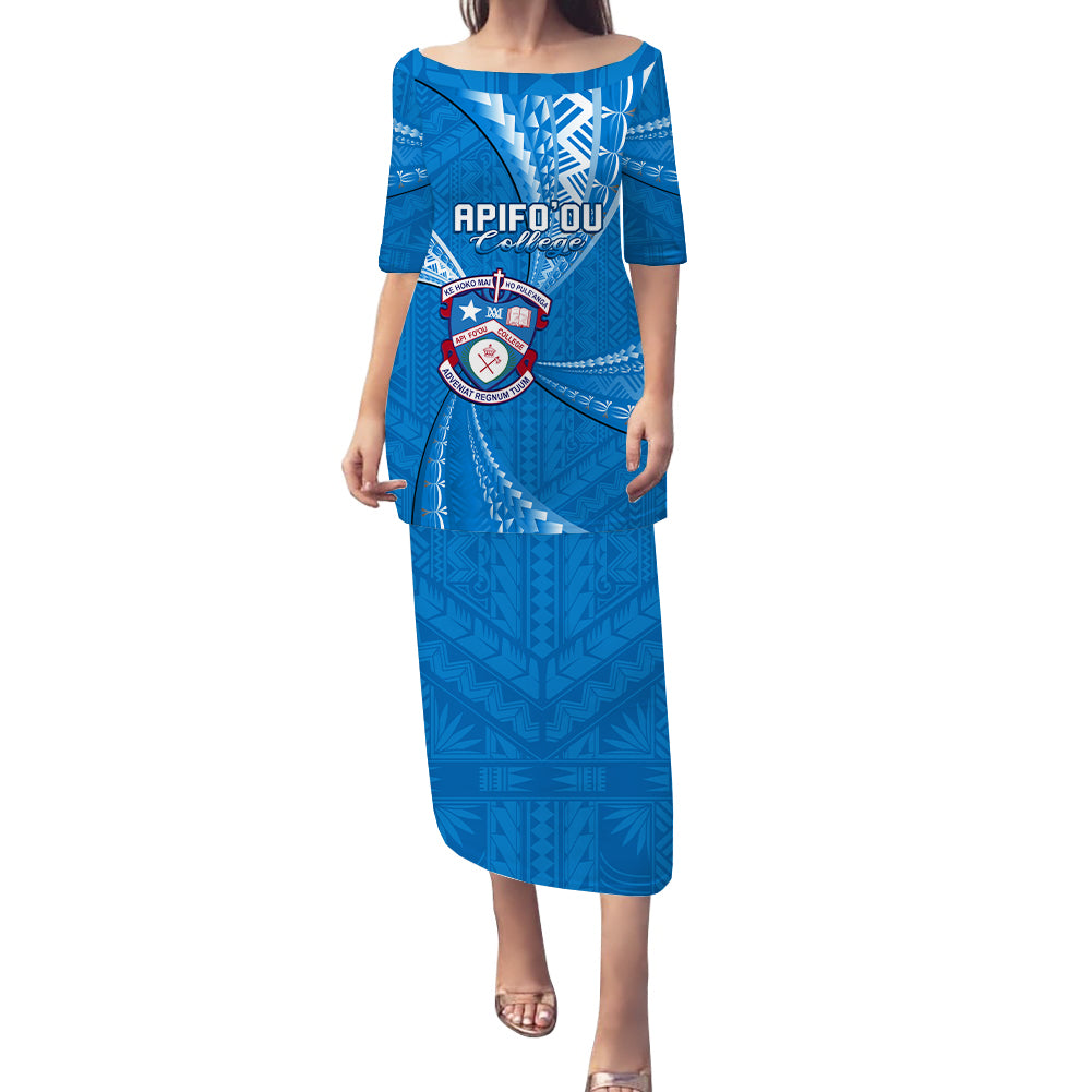 Personalised Tonga Apifoou College Puletasi Dress Class Of Year Tongan Ngatu Pattern LT14 Long Dress Blue - Polynesian Pride