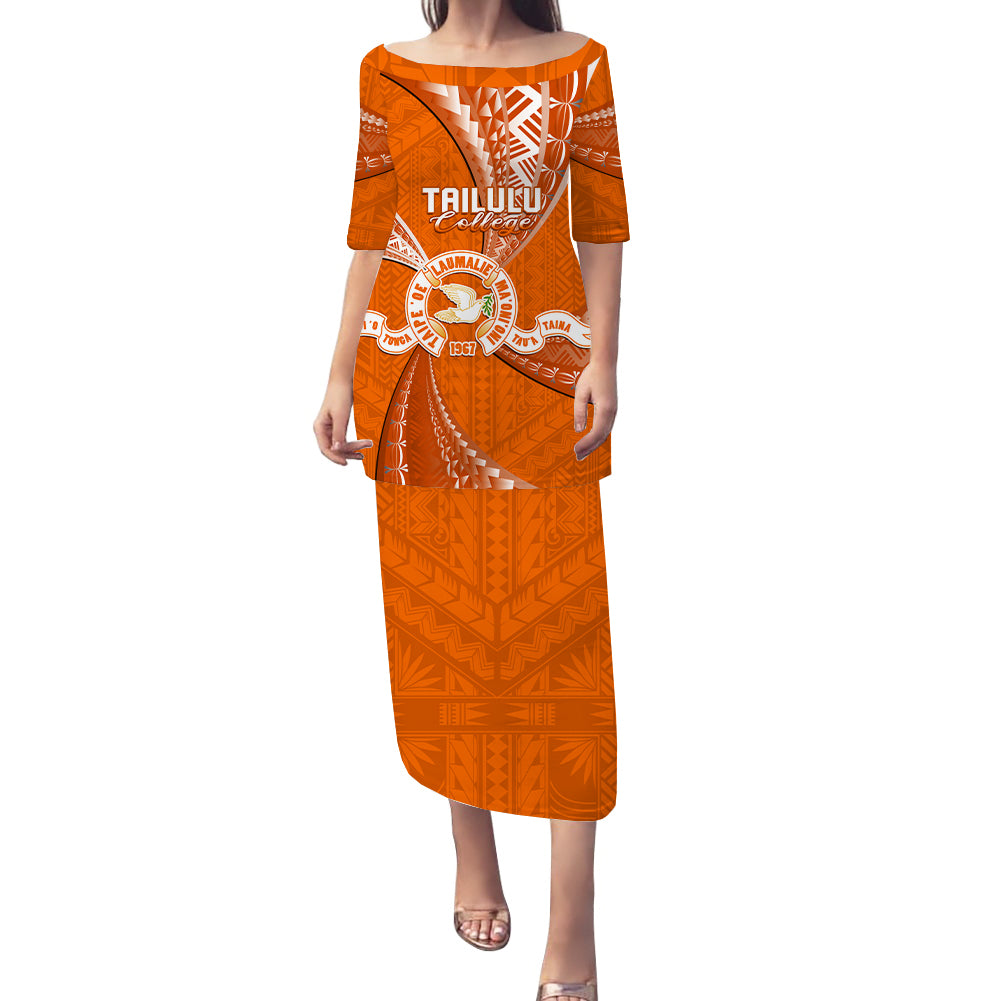 Personalised Tonga Tailulu College Puletasi Dress Class Of Year Tongan Ngatu Pattern LT14 Long Dress Orange - Polynesian Pride