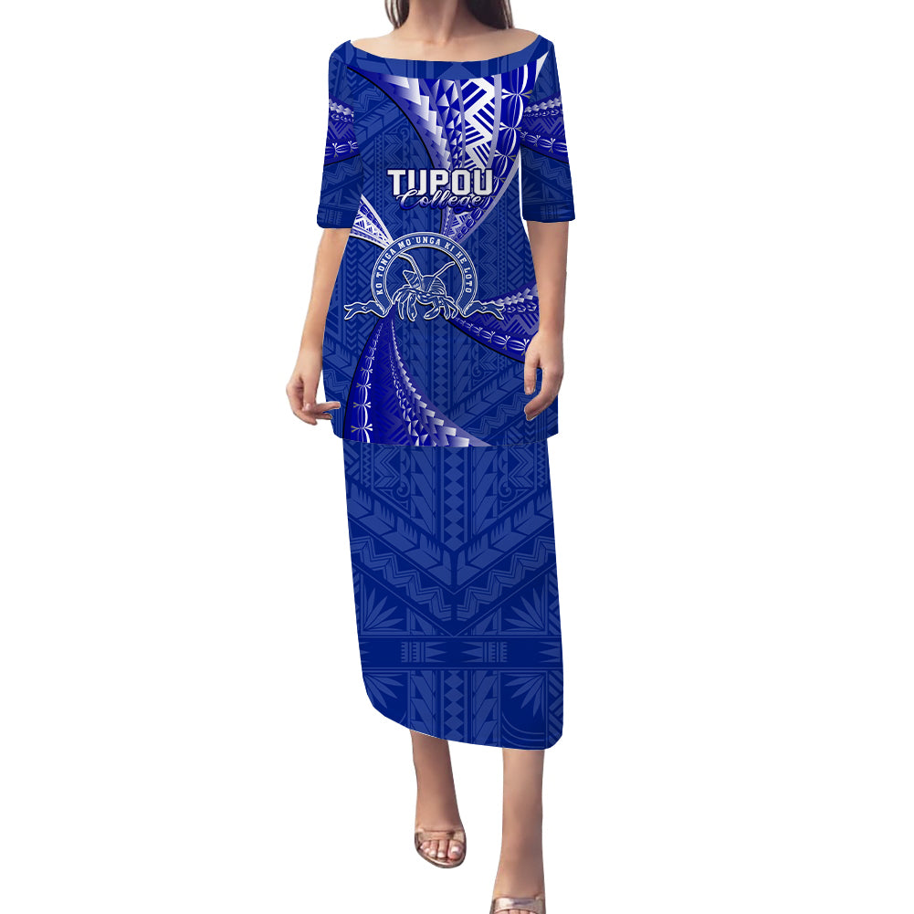 Personalised Tonga Tupou College Puletasi Dress Class Of Year Tongan Ngatu Pattern LT14 Long Dress Blue - Polynesian Pride