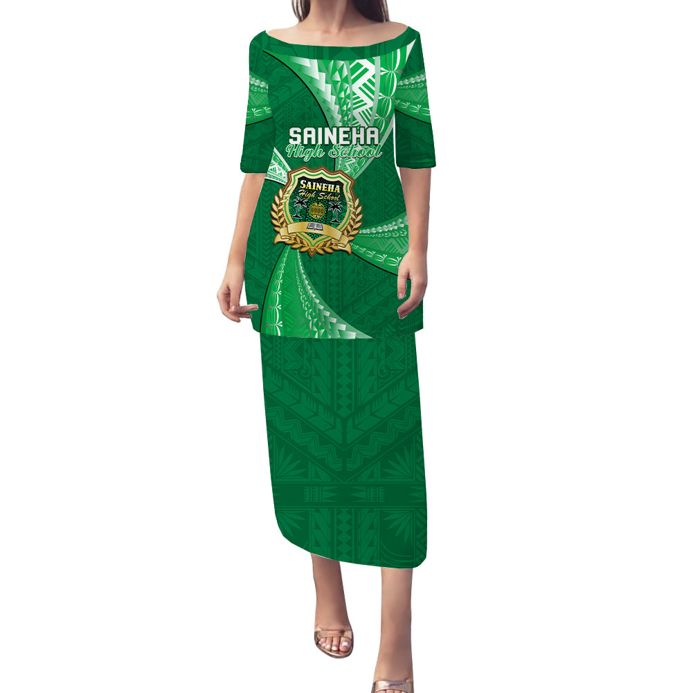 Personalised Tonga Saineha High School Puletasi Dress Tongan Ngatu Pattern LT14 Long Dress Green - Polynesian Pride