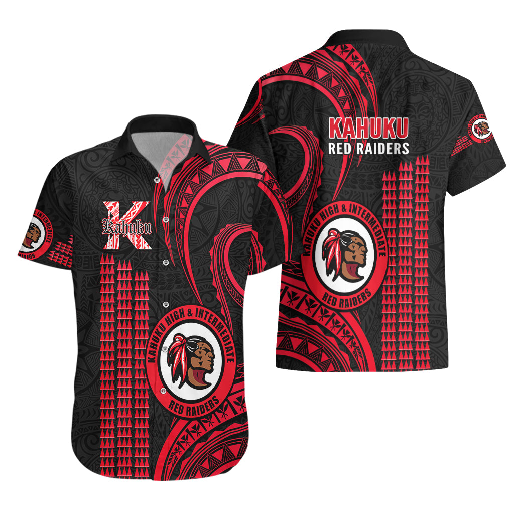 Matching Outfit For Couples Hawaii Kahuku High And Intermediate School Puletasi Dress and Hawaiian Shirt Polynesian Kakau Pattern LT14 - Polynesian Pride