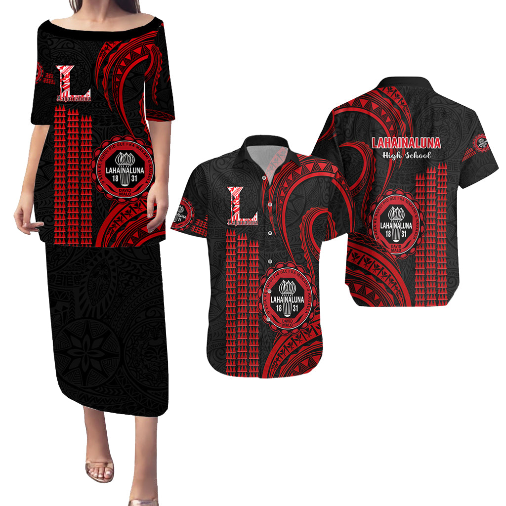 Matching Outfit For Couples Hawaii Lahainaluna High School Puletasi Dress and Hawaiian Shirt Polynesian Kakau Pattern LT14 Red - Polynesian Pride