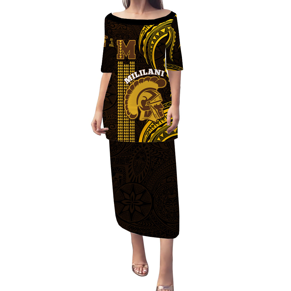 Personalised Matching Outfit For Couples Hawaii Mililani High School Puletasi Dress and Hawaiian Shirt Polynesian Kakau Pattern LT14 - Polynesian Pride