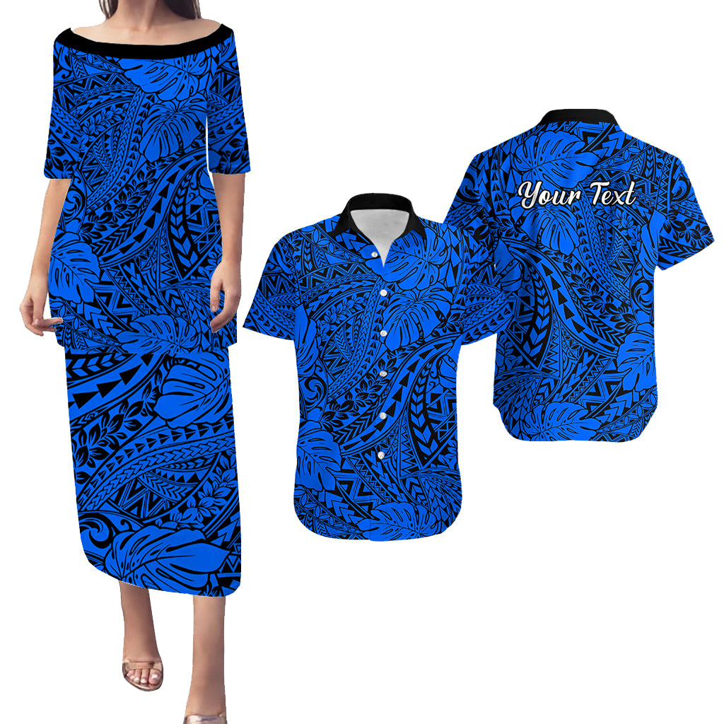 Personalised Hawaii Matching Couple Outfits For Vacation Puletasi Dress and Hawaiian Shirt Blue Polynesian Tribal Art LT14 Blue - Polynesian Pride