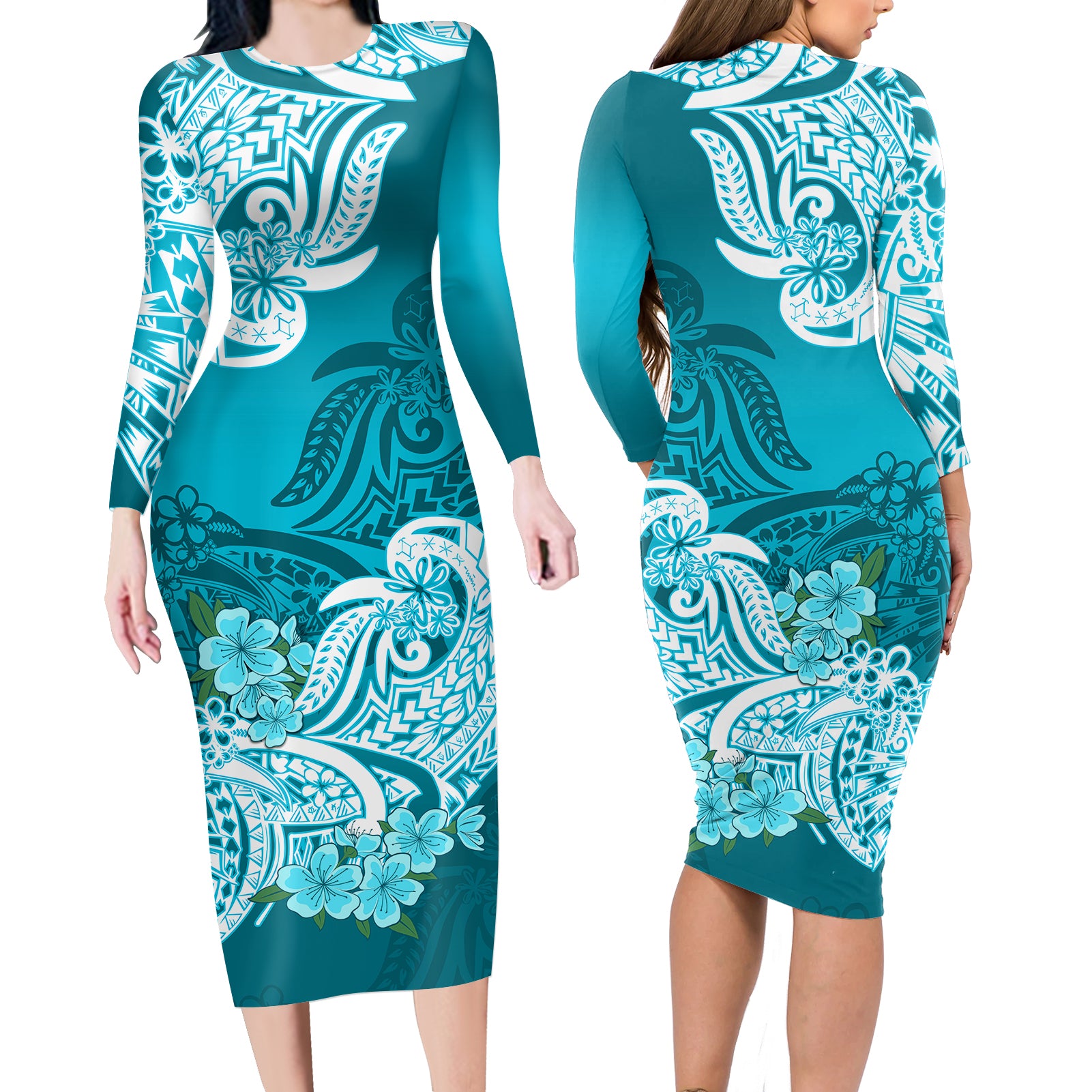 Polynesian Floral Tribal Long Sleeves Dress Teal LT9 - Polynesian Pride