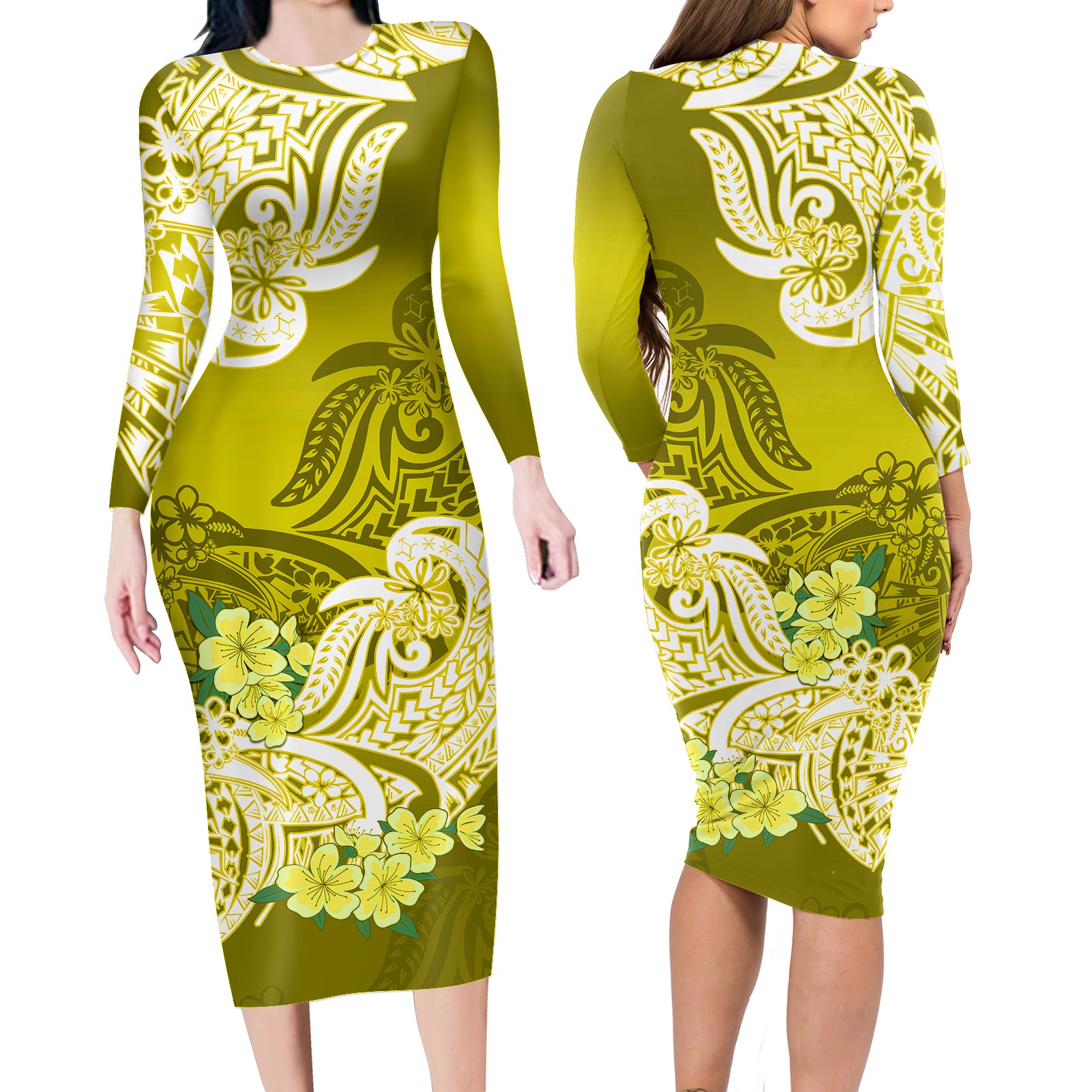 Polynesian Floral Tribal Long Sleeves Dress Yellow LT9 - Polynesian Pride