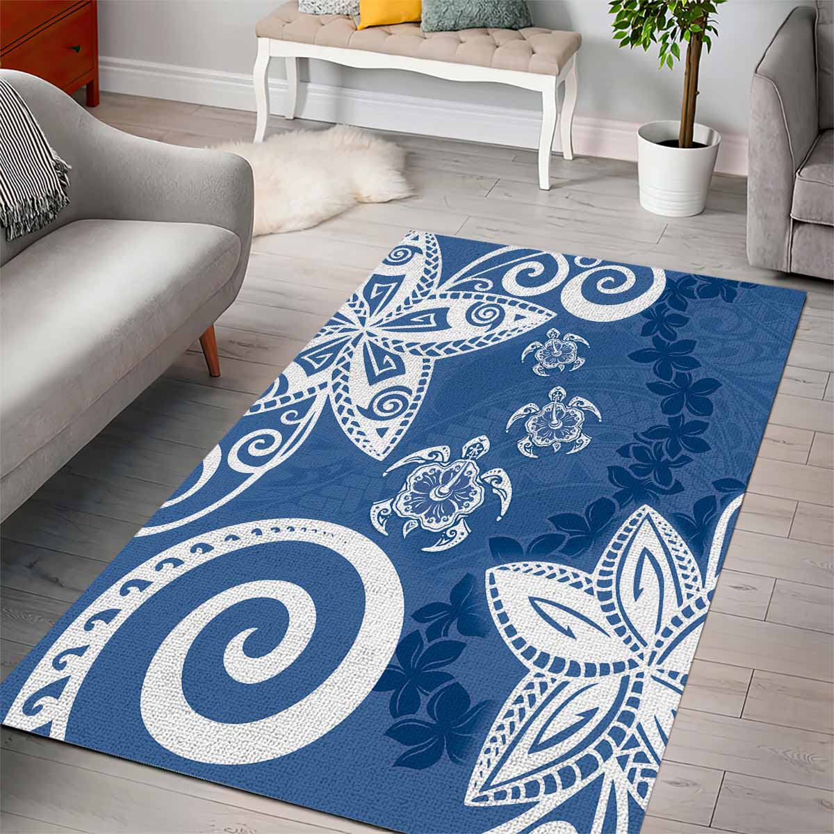 Polynesia Area Rug Blue Tribal Turtle Floral Pattern LT05 - Polynesian Pride