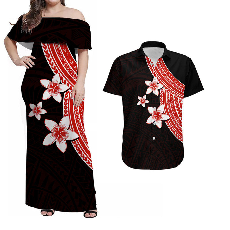 Polynesian Matching Dress and Hawaiian Shirt with Plumeria Flower Red LT6 Red - Polynesian Pride