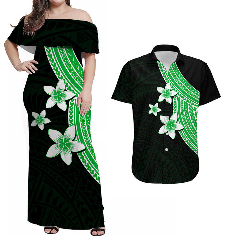 Polynesian Matching Dress and Hawaiian Shirt with Plumeria Flower Green LT6 Green - Polynesian Pride