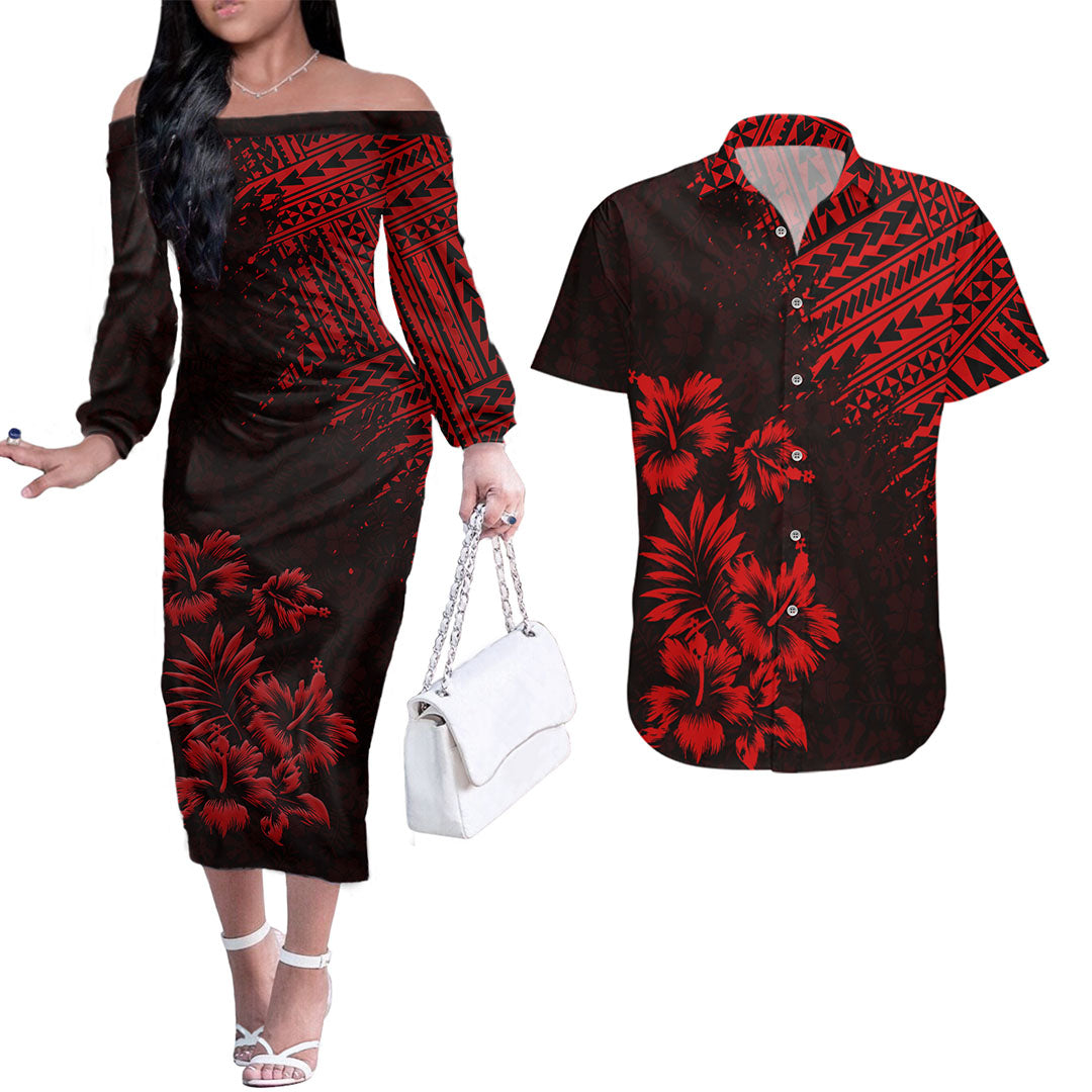 Hawaii Summer Couples Matching Outfits Combo Long Sleeve Dress Mix Polynesian Black-Red LT6 Red - Polynesian Pride