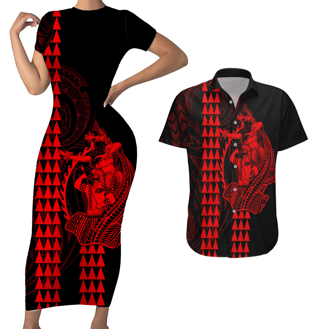 Polynesian Couples Matching Outfits Combo Bodycon Dress And Hawaii Shirt Hawaiian Warrior and Aloha Girl With Hammerhead Shark Tattoos Red LT6 - Polynesian Pride