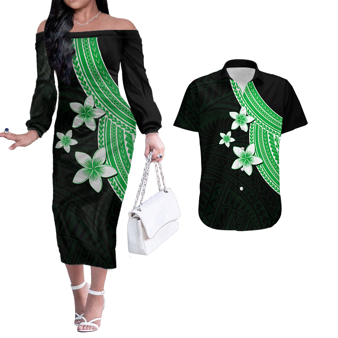 Polynesian Couples Matching Outfits Combo Long Sleeve Dress With Plumeria Flower Green LT6 Green - Polynesian Pride