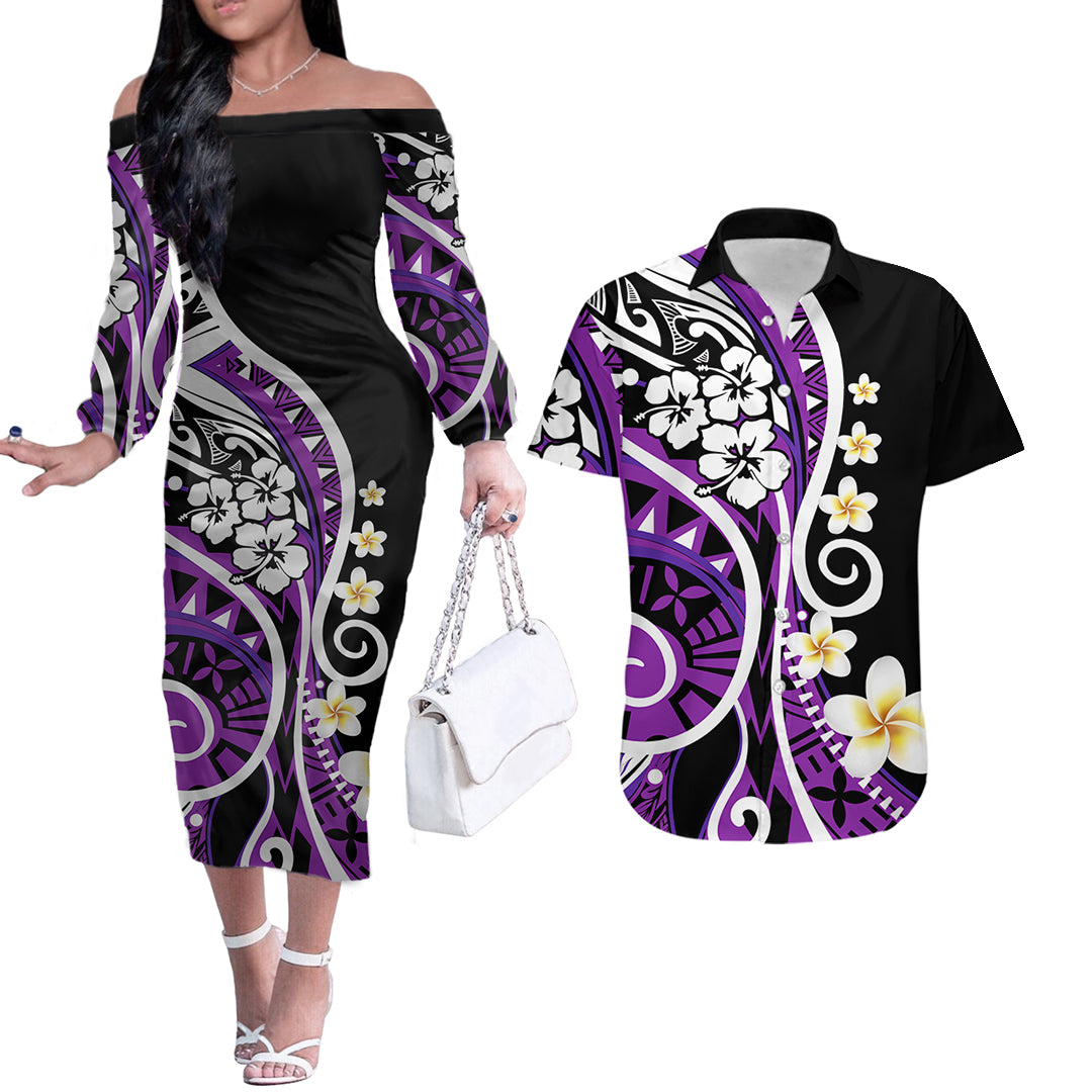 Plumeria Polynesian Couples Matching Outfits Combo Long Sleeve Dress Trending Purple LT6 Purple - Polynesian Pride