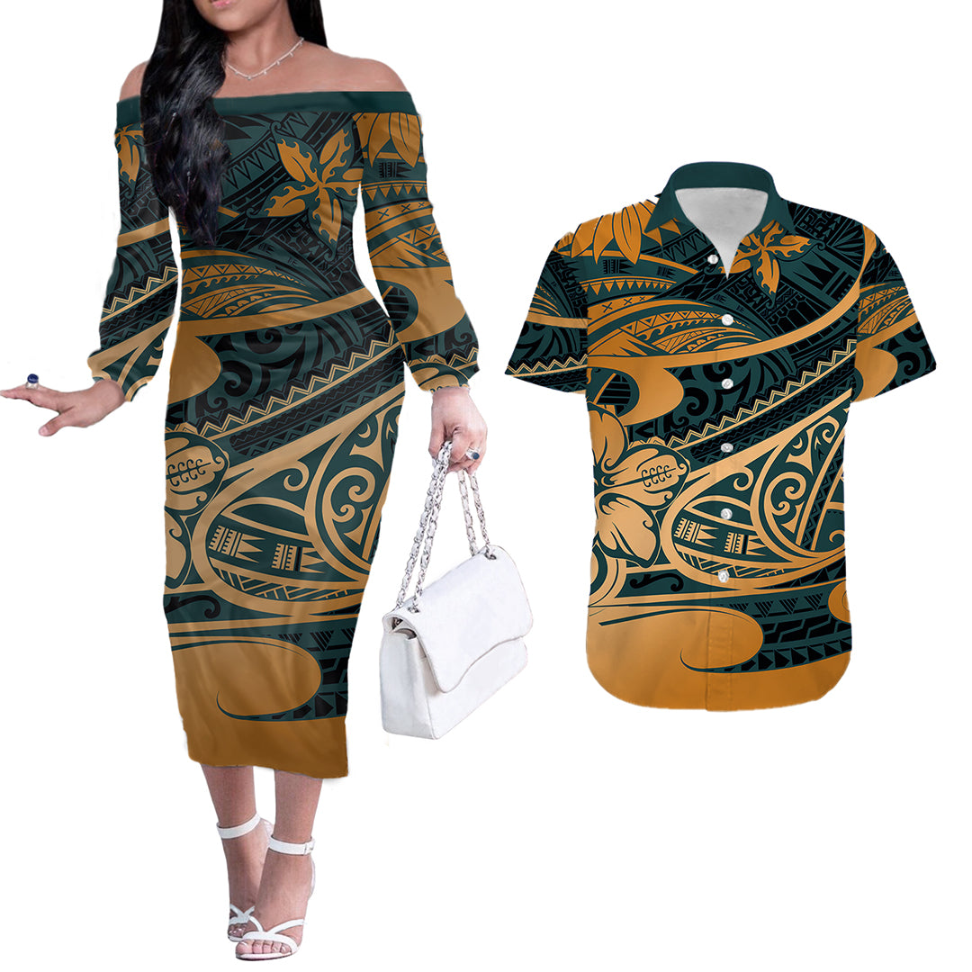 Polynesian Tribal Couples Matching Outfits Combo Long Sleeve Dress And Hawaiian Shirt LT6 Green - Polynesian Pride