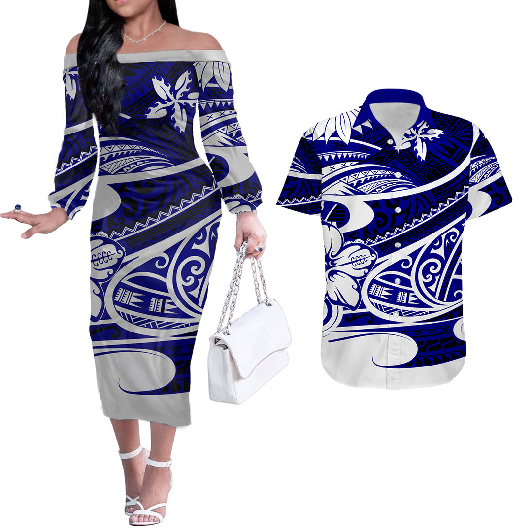 Polynesian Tribal Couples Matching Outfits Combo Long Sleeve Dress And Hawaiian Shirt Blue LT6 Blue - Polynesian Pride