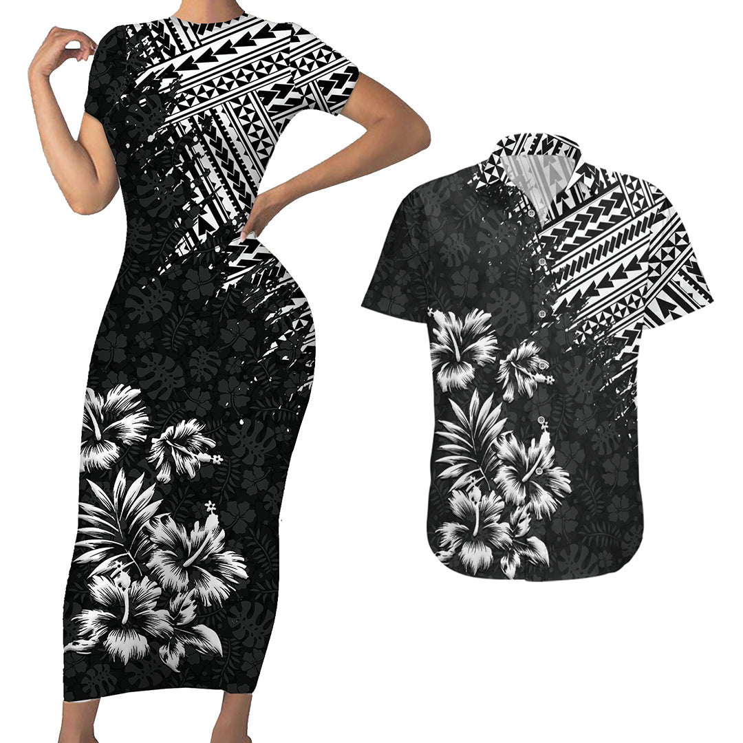 Hawaii Summer Couples Matching Outfits Combo Bodycon Dress And Hawaii Shirt Mix Polynesian Black LT6 - Polynesian Pride