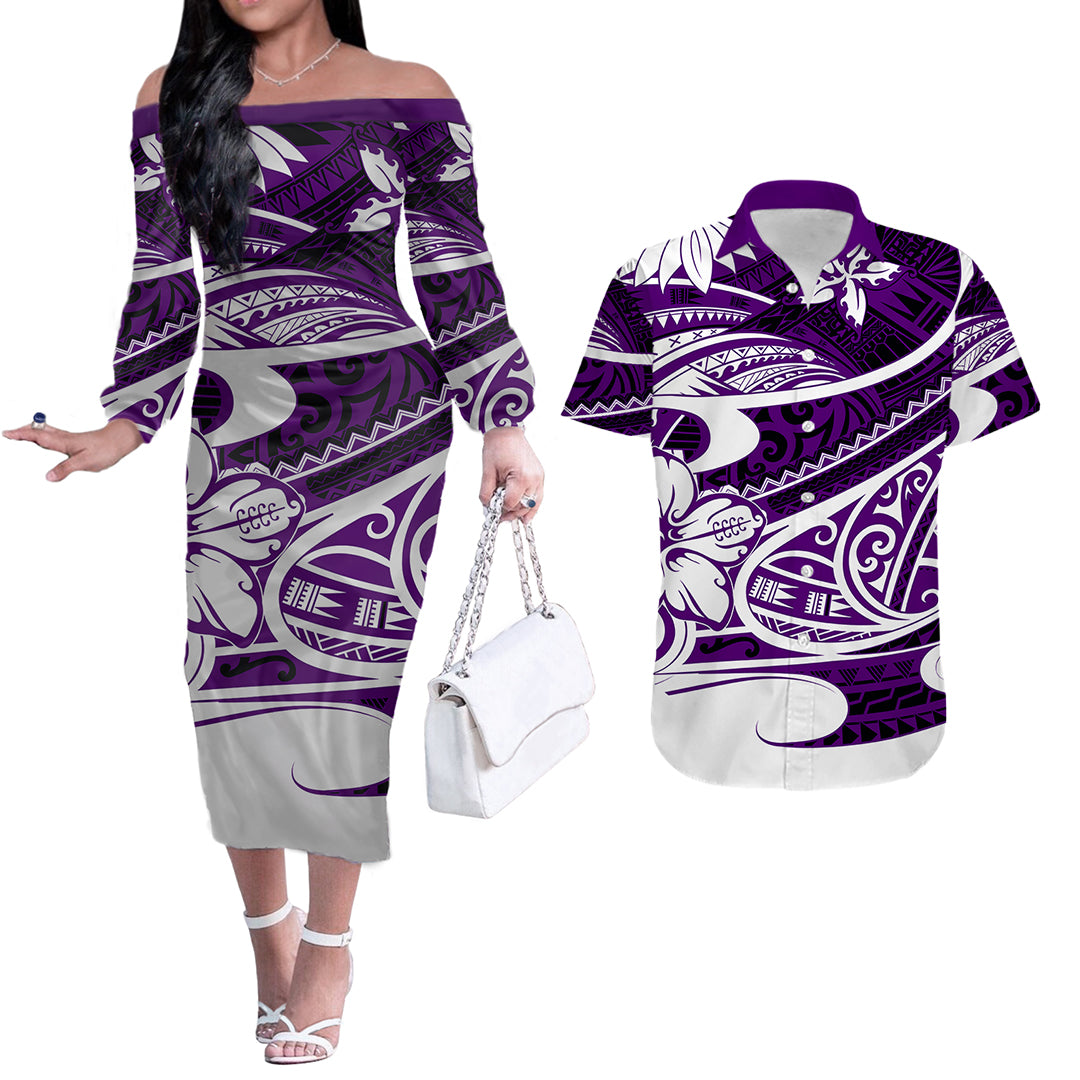 Polynesian Tribal Couples Matching Outfits Combo Long Sleeve Dress And Hawaiian Shirt Purple LT6 Purple - Polynesian Pride