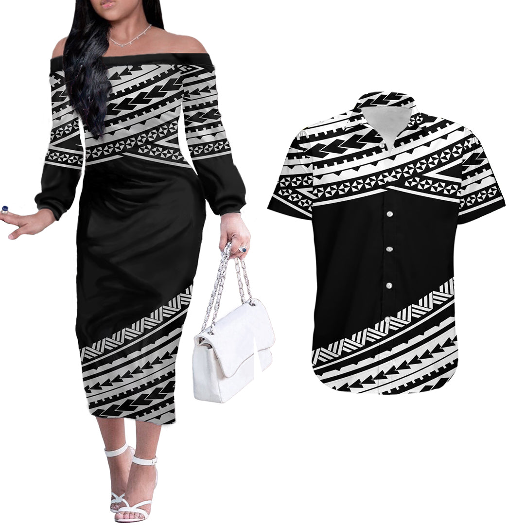 Polynesian Couples Matching Outfits Combo Long Sleeve Dress Simple Black LT6 Black - Polynesian Pride