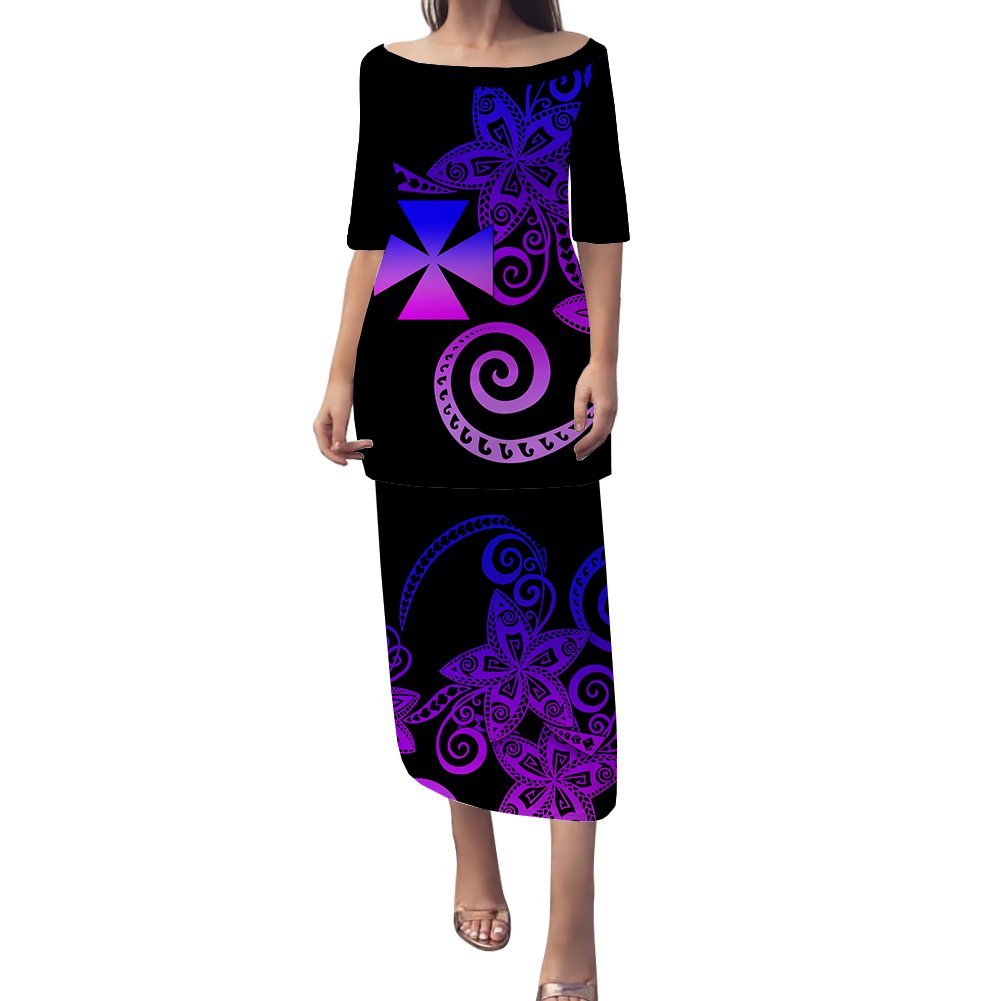 Wallis and Futuna Plumeria Polynesian Tribal Puletasi Dress - LT12 Long Dress Black - Polynesian Pride