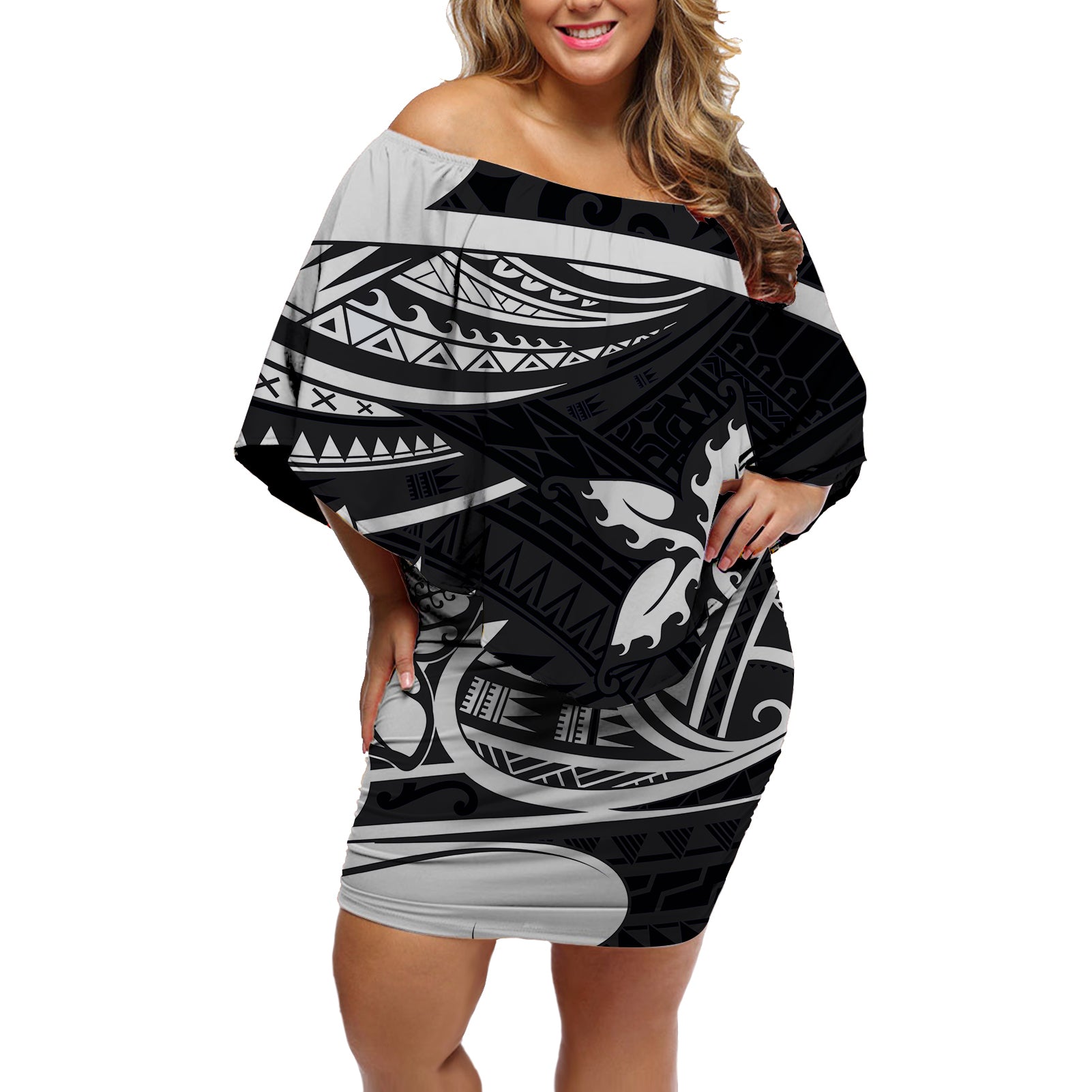 Polynesian Tribal Off Shoulder Short Dress Black LT6 Women Black - Polynesian Pride