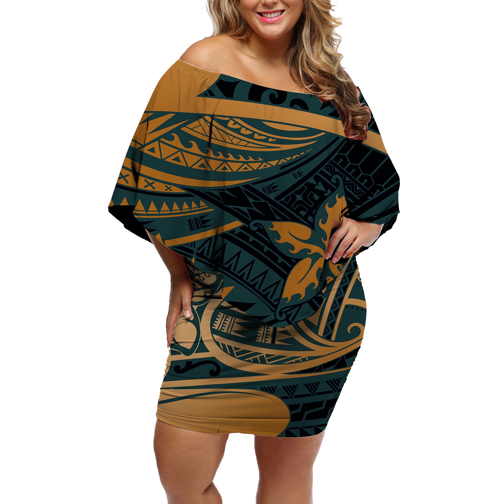 Polynesian Tribal Off Shoulder Short Dress LT6 Women Green - Polynesian Pride