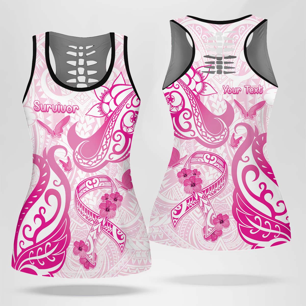 Personalised Breast Cancer Awareness Hollow Tank Top Ribbon Polynesian Pattern White Version LT05 Female White - Polynesian Pride