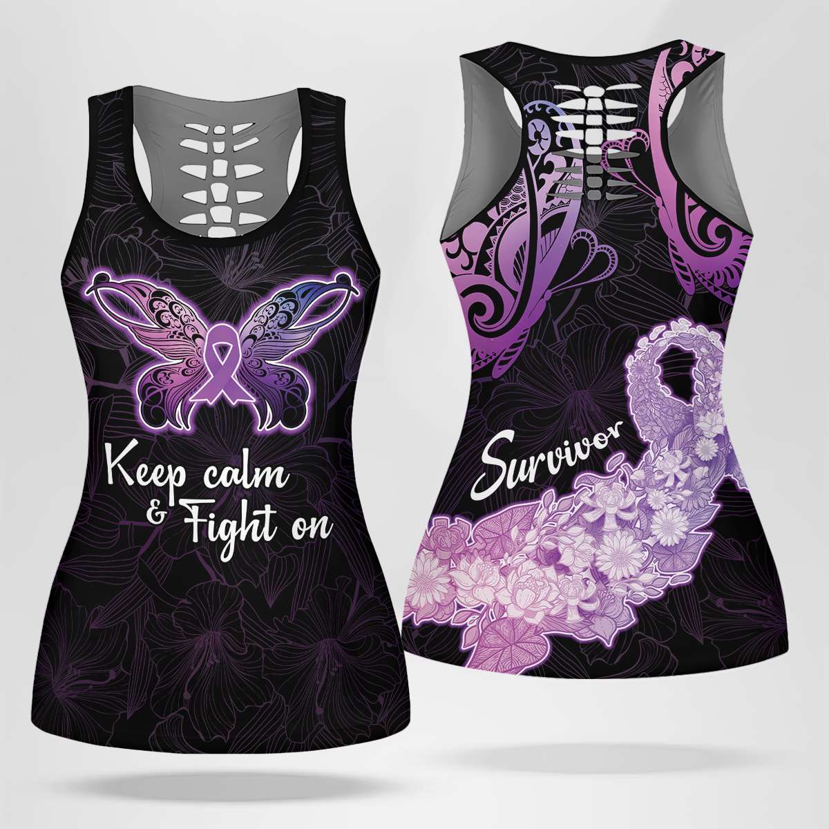 Pancreatic Cancer Awareness Hollow Tank Top Keep Calm And Fight On Polynesian Pattern LT05 Female Purple - Polynesian Pride