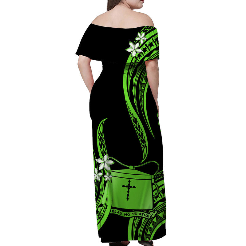 Tokelau Off Shoulder Long Dress Tokelauan Tatau With Badge Green LT14 - Polynesian Pride