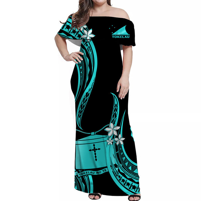 Tokelau Off Shoulder Long Dress Tokelauan Tatau With Badge Turquoise LT14 Women Turquoise - Polynesian Pride