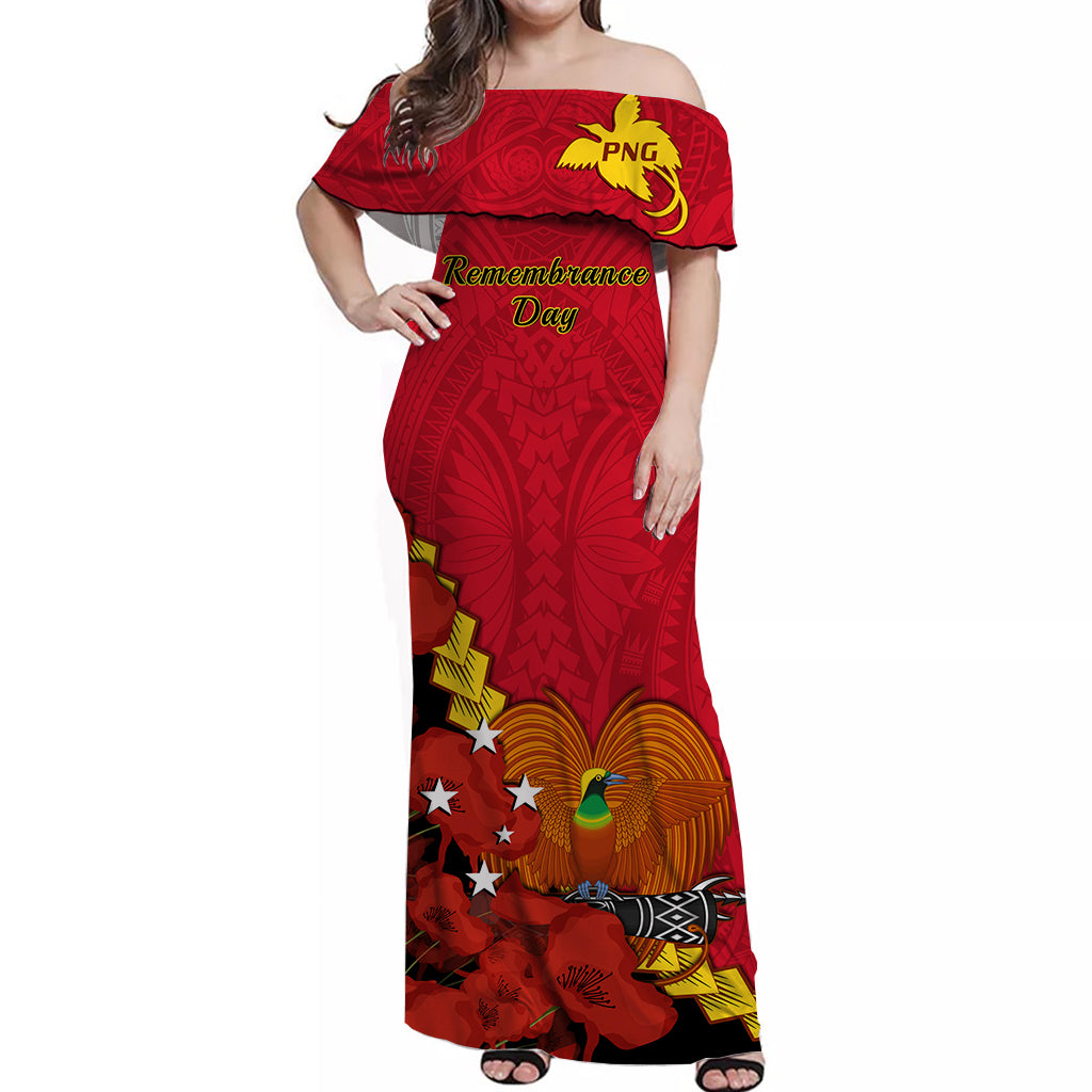 Polynesian Pride Remembrance Day PNG Off Shoulder Long Dress Papua New Guinea We Will Remember Them LT14 Women Red - Polynesian Pride