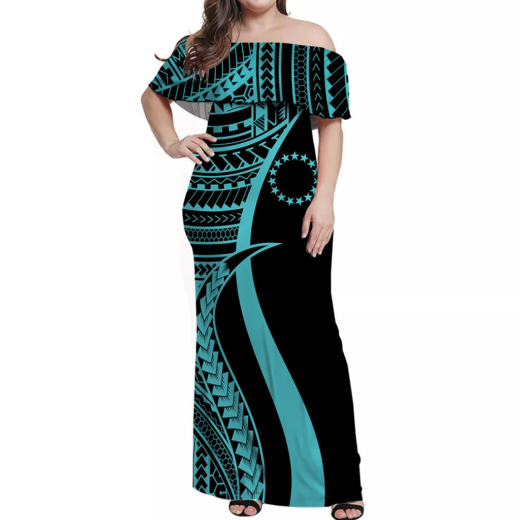 Personalised Cook Islands Off Shoulder Maxi Dress Polynesian Tribal Turquoise Pattern LT14 Women Turquoise - Polynesian Pride