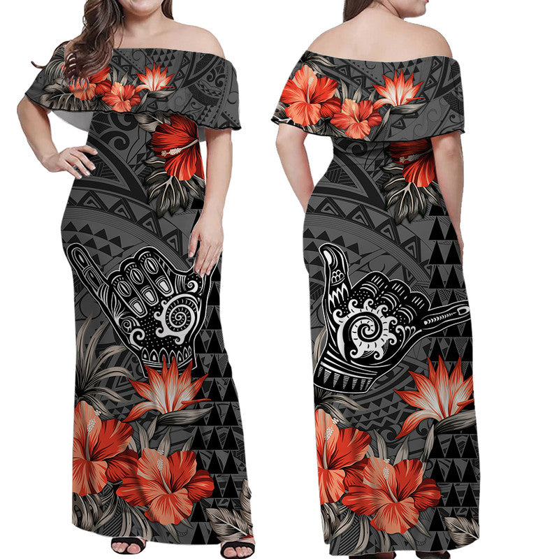 Hawaii Shaka Surf Hand Sign Off Shoulder Long Dress Polynesian Vintage Vibes LT9 Women Black - Polynesian Pride