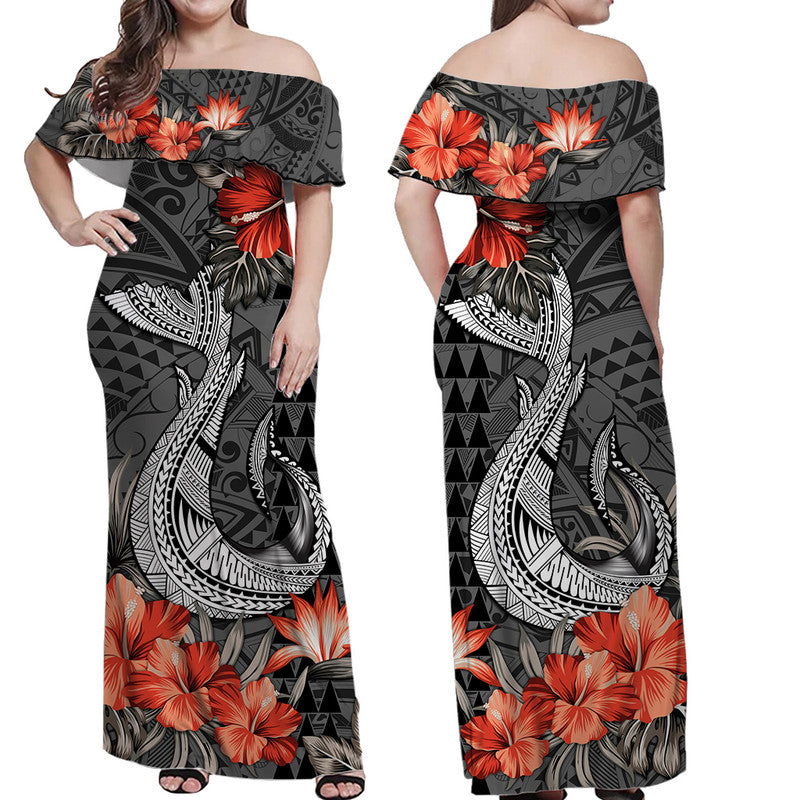 Hawaii Fish Hook Off Shoulder Long Dress Polynesian Vintage Vibes LT9 Women Black - Polynesian Pride