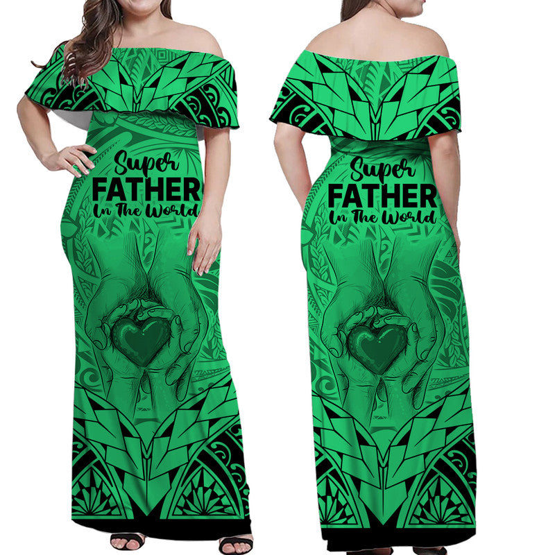 Polynesian Father's Day Gift For Dad Off Shoulder Long Dress Super Father In The World - Green Polynesian Pattern LT9 Women Green - Polynesian Pride