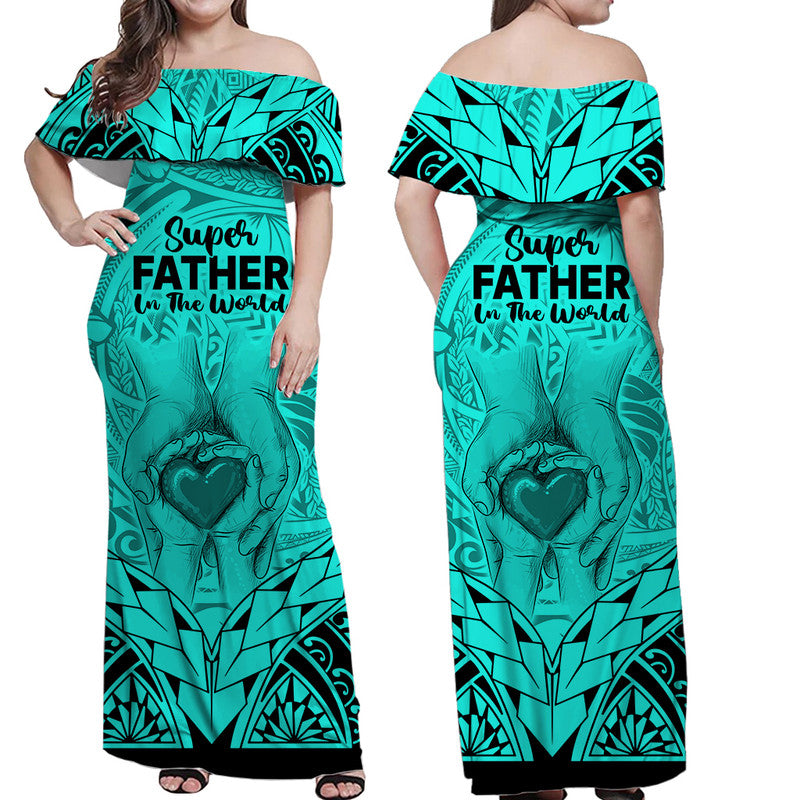 Polynesian Father's Day Gift For Dad Off Shoulder Long Dress Super Father In The World - Turquoise Polynesian Pattern LT9 Women Turqouise - Polynesian Pride