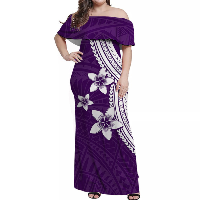 Polynesian Off Shoulder Long Dress With Plumeria Flower Purple LT6 Women Purple - Polynesian Pride