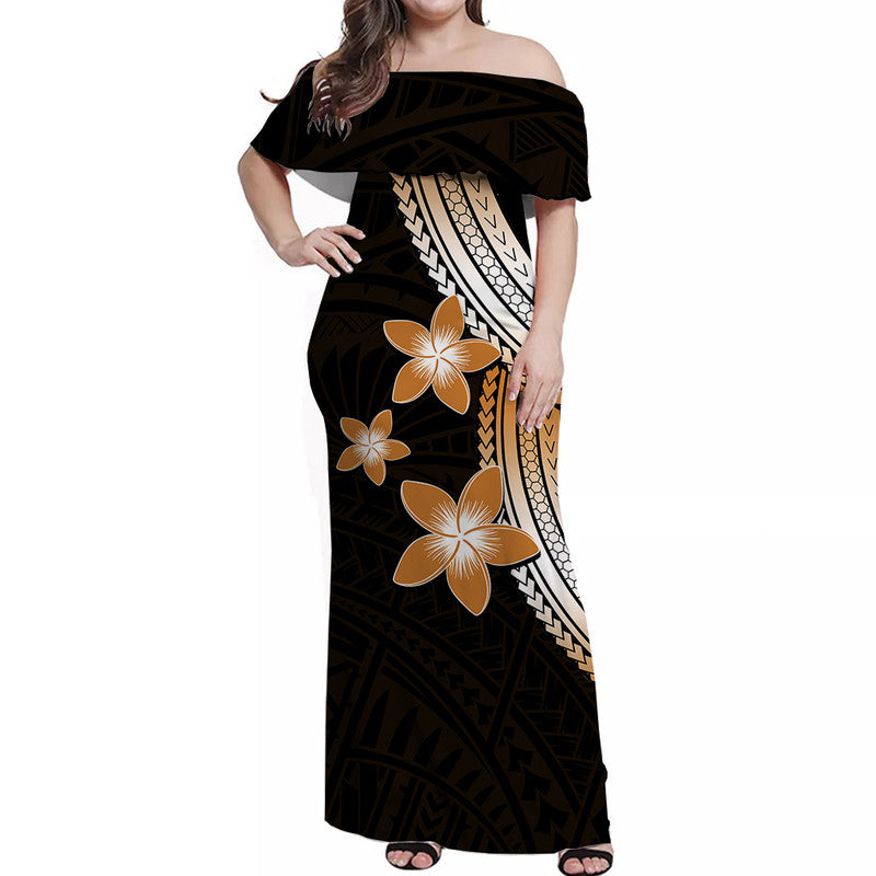 Polynesian Off Shoulder Long Dress With Plumeria Flower Gold LT6 Women Gold - Polynesian Pride