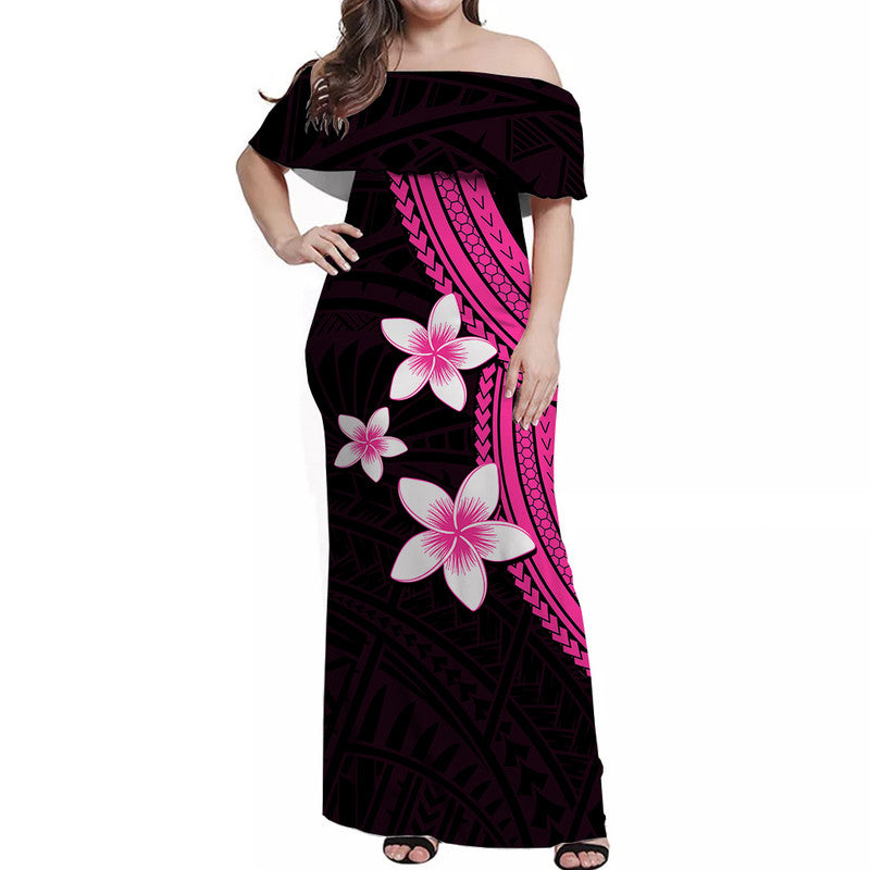 Polynesian Off Shoulder Long Dress With Plumeria Flower Pink LT6 Women Pink - Polynesian Pride